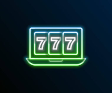 Parlayan neon hattı çevrimiçi kumar makinesi ve siyah arka planda izole edilmiş şanslı yedili ikramiye ikonu. İnternetteki kumarhane. Renkli taslak konsepti. Vektör