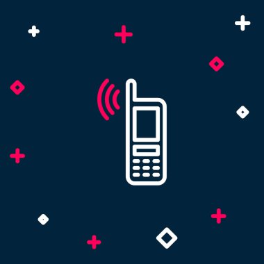 Bedava kablosuz kablosuz bağlantı ikonuna sahip çizgi akıllı telefonu mavi arkaplanda izole edildi. Kablosuz teknoloji, kablosuz bağlantı, kablosuz ağ. Renkli taslak konsepti. Vektör