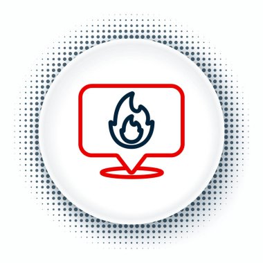 Beyaz zemin üzerinde ateş alev ikonu olan çizgi haritası işaretçisi. Yakında yangın var. Renkli taslak konsepti. Vektör