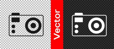 Şeffaf arkaplanda siyah fotoğraf makinesi simgesi izole edildi. Foto kamera. Dijital fotoğrafçılık. Vektör.