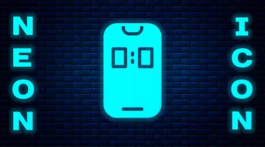 Parlayan neon alarm saati uygulaması akıllı telefon arayüzü simgesi tuğla duvar arka planında izole edildi. Vektör