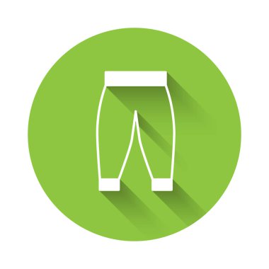 Beyaz Pantolon simgesi uzun gölge arkaplanı ile izole edildi. Pantolon imzası. Yeşil daire düğmesi. Vektör