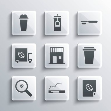 Sigara, kahve posteri, paket kupası, alışveriş, kahve çekirdekleri, sokak kamyoneti makinesi, milkshake ve filtre tutucu ikonu. Vektör