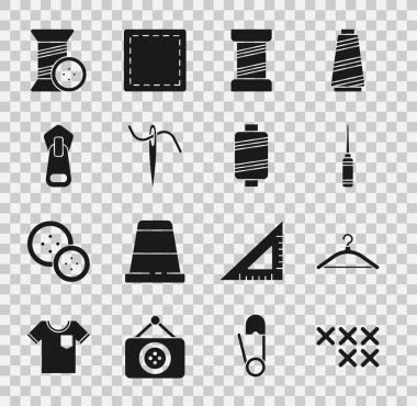 Ayarlanabilir nakış çemberi, Hanger gardırobu, Awl aracı, dikiş ipliği, dikiş iğnesi, fermuar ve simge ayarlayın. Vektör