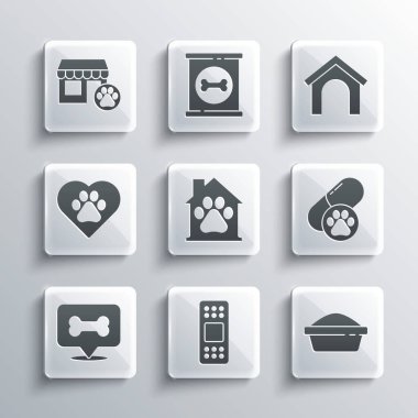 Bandaj bandı, evcil hayvan yemek kasesi, köpek ilacı, ev, kemik, hayvan ayak izi olan kalp, veteriner hastanesi ve ikon. Vektör