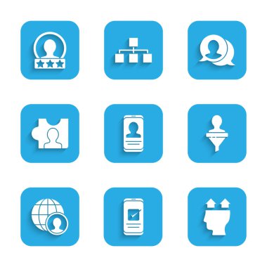 Mobil 'i özgeçmişi, akıllı telefonu, insan kullanıcısını, kafa avcılığını, küreyi ve insanları, konuşma baloncuğu sohbetini ve hesap ekranı simgesini oluşturmaya ayarlayın. Vektör