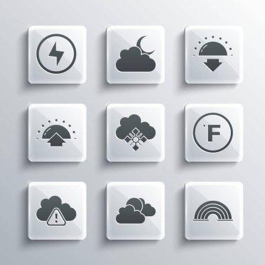 Güneş ve bulut havası, Gökkuşağı, Fahrenheit, Karlı Bulut, Fırtına uyarısı, Gündoğumu, Şimşek ve Günbatımı simgesi. Vektör