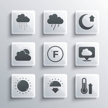 Günbatımı, Meteoroloji Termometresi, Konum Bulutu, Fahrenheit ve hava durumu, Yağmur ve Ay ikonlu Bulut. Vektör