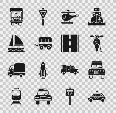 Taksi, Araba, Scooter, Helikopter, Vahşi Batı koruma vagonu, Yat yelkenlisi, kargo kamyonu ve yol ikonu ayarlayın. Vektör