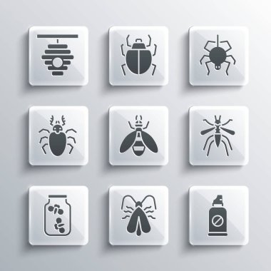 Giysileri ayarla, böceklere karşı sprey sık, sivrisinek, arı, ateş böcekleri kavanozu, böcek geyiği, arılar için kovan ve örümcek ikonu. Vektör