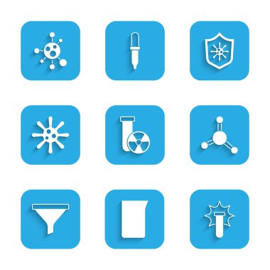 Test tüpü radyasyonunu, laboratuvar camını ya da deney tüpünü, kimyasal patlamayı, molekülü, huni filtresini, bakteriyi, kalkan korumasını virüs ve simgeden ayarlayın. Vektör