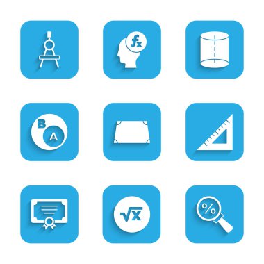 Akut trapezoid şekli, x kabartmasının kare kökü, yüzde ile büyüteç, üçgen cetvel, sertifika şablonu, altkümeler, matematik, alt küme b, geometrik figür ve çizim pusula simgesidir. Vektör