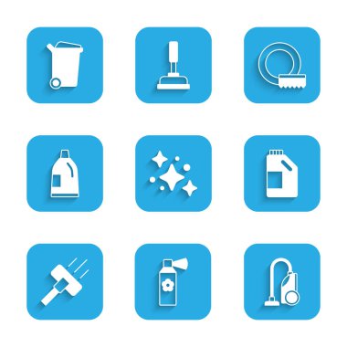 Ev temizleme servisi, oda spreyi şişesi, elektrik süpürgesi, ajan şişesi, bulaşık yıkama ve çöp tenekesi ikonu. Vektör