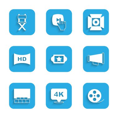 Sinema bileti, 4k Ultra HD, Film makarası, Megaphone, ekranlı oditoryum, Hd filmi, bant, çerçeve, spot ışığı ve yönetmen koltuğu ikonu. Vektör
