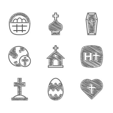 Kilise binası, Paskalya yumurtası, Hristiyan haçı, Grave with, Globe, Coffin ve Basket Paskalya yumurtası ikonu. Vektör