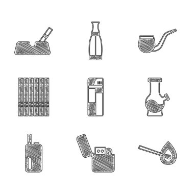 Set Light, Ateşle Yanan kibrit, Bong, Elektronik sigara, Sigara, Pipo içilmez ve kül tablası ikonu. Vektör