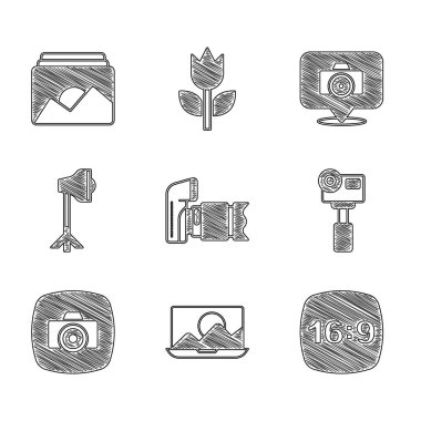 Fotoğraf makinesini ayarla, rötuş, çerçeve 16, Action extreme, Stüdyo ampulü softbox, ve simge. Vektör