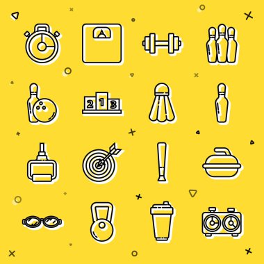 Set Zamanı satranç saati, Curling spor oyunu için Stone, Bowling broşu, Dumbbell, spor şampiyonu podyumu ödülü, ve top, Stopwatch ve Badminton servis aleti ikonu. Vektör