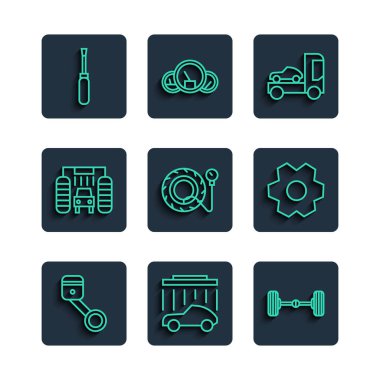 Hat pistonu, oto yıkama, Chassis arabası, ışınlama aracı, lastik basıncı göstergesi, tornavida ve dişli ikonu ayarlayın. Vektör