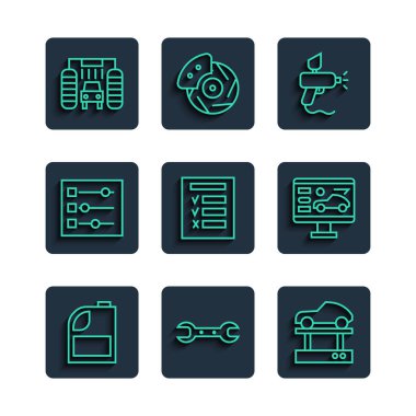 Motor yağı, İngiliz anahtarı, asansörde araba tamiri, boya spreyi, araba denetimi, ayarlar, yıkama ve ikonun tanısal durumu için hat kutusunu ayarlayın. Vektör