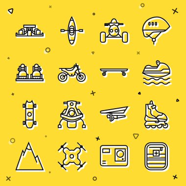 İlk yardım çantası, paten, jet ski, ATV motosiklet, dağ bisikleti, snowboard, Formula 1 yarış arabası ve kaykay ikonu. Vektör