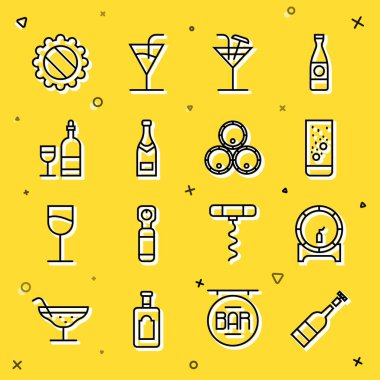 Sabit hat, şarap şişesi rafta ahşap fıçı, Effervescent tablet suyu, kokteyl, şampanya, camlı şarap, şişe kapağı ve fıçı ikonu. Vektör