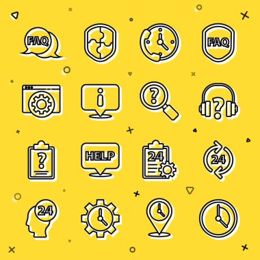 Hat Zaman Yönetimi, Telefon 24 saat desteği, Kulaklıklar, Bilgi, Tarayıcı ayarları, SSS ve Meçhul Arama simgesine sahip konuşma balonu. Vektör