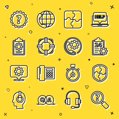 Bilinmeyen Arama, Kalkan, 24 saat hizmet veren Kontrol Listesi, Yapboz Parçası, Lifebuoy, Soru işareti ve Telefon Destek Simgesi. Vektör