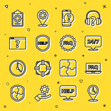 Satır konumunu saat, laptop ve FAQ, Clock 24 saat, cep telefonu sorusu, Shield metin yardımı, tarayıcı işareti, Checklist servisi ve etiket simgesi ile ayarla. Vektör
