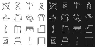 Çizgi dikiş şablonu, tişört, iplikle dikmek için iğne, süveter, elbise dolabı, düğme, örgü iğnesi ve ikon. Vektör