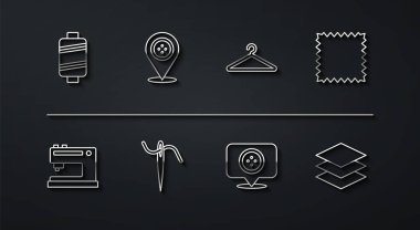 Çizgi dikiş ipliği, makine, deri, konum terzisi dikiş iğnesi, katman giyim tekstili ve elbise askısı ikonu. Vektör