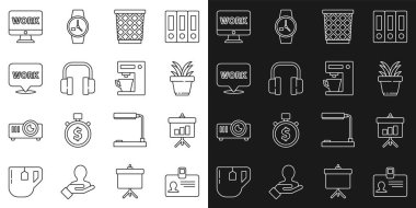 Hat tanımlama rozeti, diyagramlı tebeşir tahtası çömlek, çöp tenekesi, kulaklık, konum mesajı, monitör ve kahve makinesi simgesi. Vektör