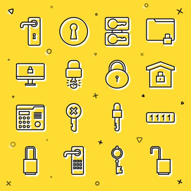 Hat açık asma kilit, şifre koruması, evin altı, döküm anahtarları, anahtar içeride, kilit bilgisayar monitörü, kapı kolu ve simge. Vektör
