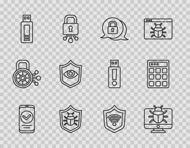 Hat Smartphone, Sistem hata monitörü, Siber güvenlik, USB flash disk, kablosuz kablosuz ağ ve parola koruma ikonu ile kalkan ve gözü ayarla. Vektör