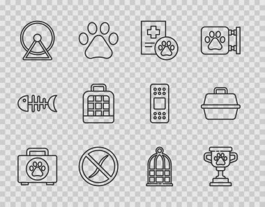 Pet ilk yardım kiti, ödül, klinik kayıt hayvanı, parazit ilacı, hamster tekerleği, çanta taşı, kuşlar için kafes ve ikon. Vektör