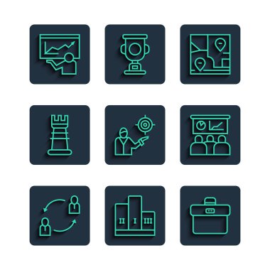 Set hattı İnsan Kaynakları, kazanan podyum ödülü, evrak çantası, konumu katlanmış harita, pazarlama hedef stratejisi, İş, Eğitim, sunum ve ikon. Vektör