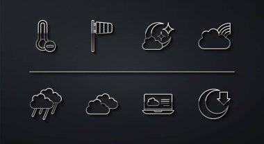 Meteoroloji termometresi, yağmurlu bulut, gökkuşağı bulutları, hava tahmini, koni rüzgarı rüzgar gülü, ay ve ay ikonu. Vektör