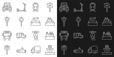 Kargo gemisi, kutular, Cruise, tren ve demiryolu, trafik levhası ve tekne kürekleri ikonu. Vektör