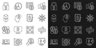 Satır şifreli cüzdan, anahtar, Blockchain teknolojisi Bitcoin, Sunucu bitcoin, düşün, Kilitle ve Tablet simgesinden Madencilik 'i ayarla. Vektör