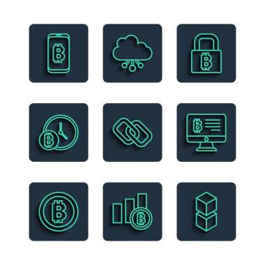 Hat Bitcoin, Pie grafik bilgi birimi, Blockchain teknolojisi, Lock with, Chain link, clock, Mining from mobile and Monitör simgesi. Vektör