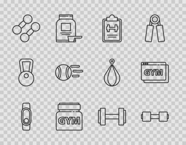 Set hattı Smartwatch, Dumbbell, Sport eğitim programı, Spor beslenme, Tenis topu, ve Çevrimiçi fitness ve ikon. Vektör