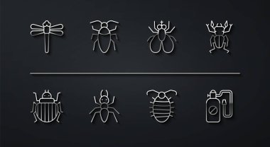 Kuyruk yusufçuğu, Colorado böceği, böcek geyiği, larva böceği, karınca, hamamböceği, basınç püskürtücü ve böcek ikonu. Vektör