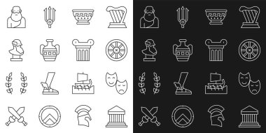 Sıra Parthenon, Komedi ve Trajedi maskeleri, Eski ahşap tekerlek, Yunan antik kasesi, Antik amforalar, büst heykelleri, Sokrates ve sütun ikonu. Vektör