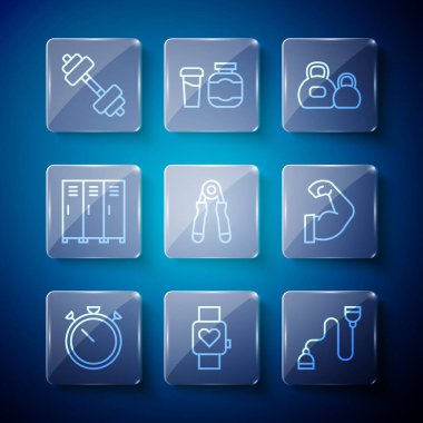 Çizgi Stopwatch, Smart, Chest genişletme, Kettlebell, Sport, Locker soyunma odası, Dumbbell ve BodyBuilder kas ikonu. Vektör