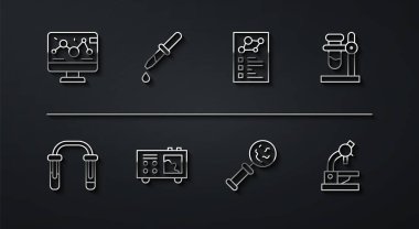 Genetik mühendisliği modifikasyonunu, test tüpünü ve matarasını büyüteç, spektrometre, Pipette, mikroskop ve klinik kayıt simgesi altında tut. Vektör