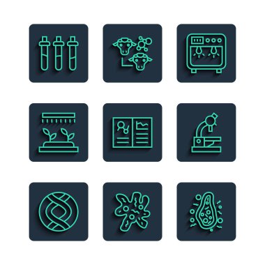 Hücre, Bakteri, Biyokoruma kutusu, Klinik kayıt, Otomatik sulama fıskiyeleri, Reaktif şişe ve Microscope ikonu. Vektör