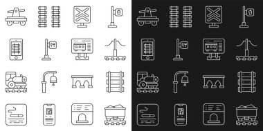 Tren vagonu, tren yolu, tren yolu, demiryolu geçidi, kafe ve restoran konumu, bilet almak için internetten bilet, Draisine veya el arabası ve bilet bürosu alın. Vektör