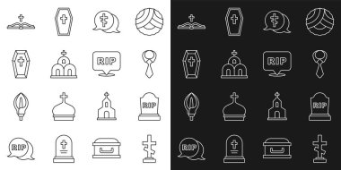 Mezar hattını haçla çiz, Tombstone RIP yazılsın, Kravat, Kilise binası, Tabut, Kutsal İncil kitabı ve Konuşma baloncuğu ölüm ikonu. Vektör