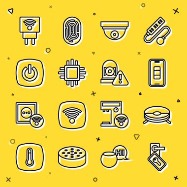 Hat dijital kapı kilidi, robot elektrikli süpürge, akıllı telefon şarjı, hareket sensörü, işlemci, ev, elektrik prizi ve alarm ikonu. Vektör