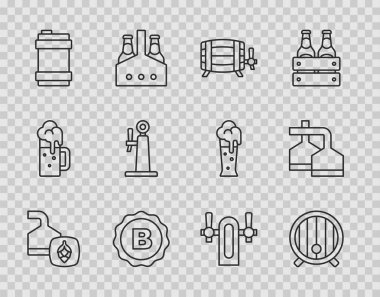 Çizgi bira demleme işlemi, tahta fıçı, bira ile şişe kapağı, metal fıçı, tap ve ikon. Vektör